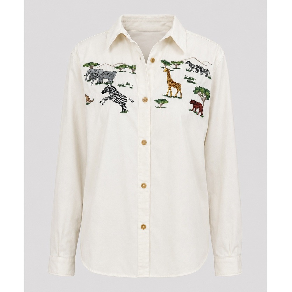 Vintage Safari Animal Embroidered Button Down Shirt Off White Roll Tab Sleeve